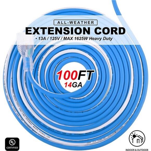 Outdoor 14/3 Extension Cord 14AWG 100FT 13Amp 1625Watts, (100ft/30.48m) - Picture 1 of 7